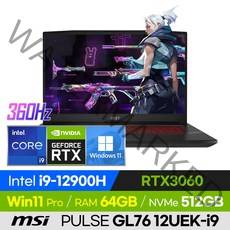 [사은품 증정!] MSI PULSE GL76 12UEK-i9 배그 롤 오버워치 로아 12세대 17인치 게이밍 노트북 (코어i9-12900H/RTX3060), 윈도우 포함, 64GB, 512GB, 코어i9, 블랙