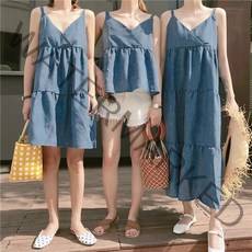 뷔스티에 롱원피스 우정 트윈 시밀러룩 캉캉 루즈핏 바캉스 비치 여행 연청 데님