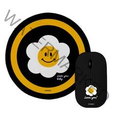 트라이코지 스마일데이지 무소음 휴대용 무선 마우스 + 원형 마우스패드 세트, W-5000(마우스), 블랙