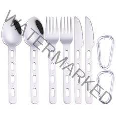 캠핑 스테인리스 커트러리 2인 세트 스푼 2개+포크 2개+나이프 2개+고리 2개, 실버