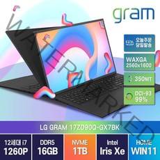 LG전자 2022년형 그램 17인치 17ZD90Q-GX7BK 게임 학생 고성능 기업 주식 가성비 노트북, WIN11 Home, 16GB, 1TB, 코어i7, 블랙