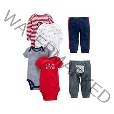 Simple Joys by Carters 남아용 6피스 바디수트(반소매 및 긴팔) 바지 세트, 3-6 Months, 레드/네이비/ 곰