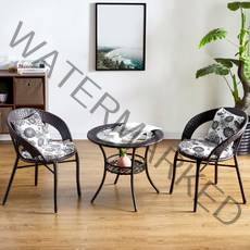 라탄 보조 티 테이블 야외 사계절 의자 세트 커피 베란다 소형 사이드 2인용 4인용, 2의자 1테이블(시트 쿠션 쿠션) 딥핀