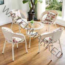 라탄 보조 티 테이블 야외 사계절 의자 세트 커피 베란다 소형 사이드 2인용 4인용, 4의자 1탁 (방석 쿠션) 베이지