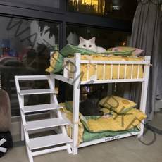 애완동물 침대 애견하우스 원목 우드 나무 펫 쇼파 강아지 고양이 반려동물 애완견 2층침대, 화이트계단오버사이즈 + M-중형