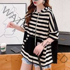 메이첼 여성용 레디 스트라이프 후드 반팔 캐주얼 티셔츠 02406