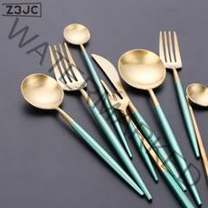 Z3JC 수저 세트 심플 양식 도시락 수저 세트입니다, 그린+골드 디저트 스푼, 2470