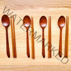 하우스홈 수제 천연 옻칠 우드 숟가락 젓가락 4인 수저세트, 아동 포인트 옻칠 수저세트4P