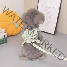 소비르 강아지 반려동물 꽃무늬 원피스 하네스+리드줄, M, 01_연두색(숏)